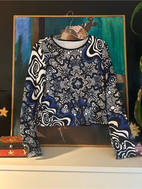 Psychedelic Mushroom Print Mesh Long Sleeve Crop Top M Y2K Festival Trippy